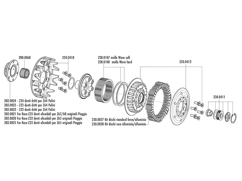 Vespa PX E Arcobaleno 125 [1981-1997] - Rennkupplung mit Zahnkranz Z22 Ritzel schräg verzahnt
