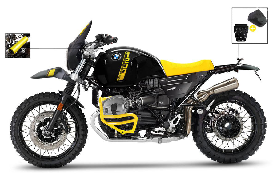 BMW R nineT 1200 Urban G/S (hoher Auspuff) [2017-2023] - Kit NineT PARIS DAKAR Gelb 40th mit Zubehör